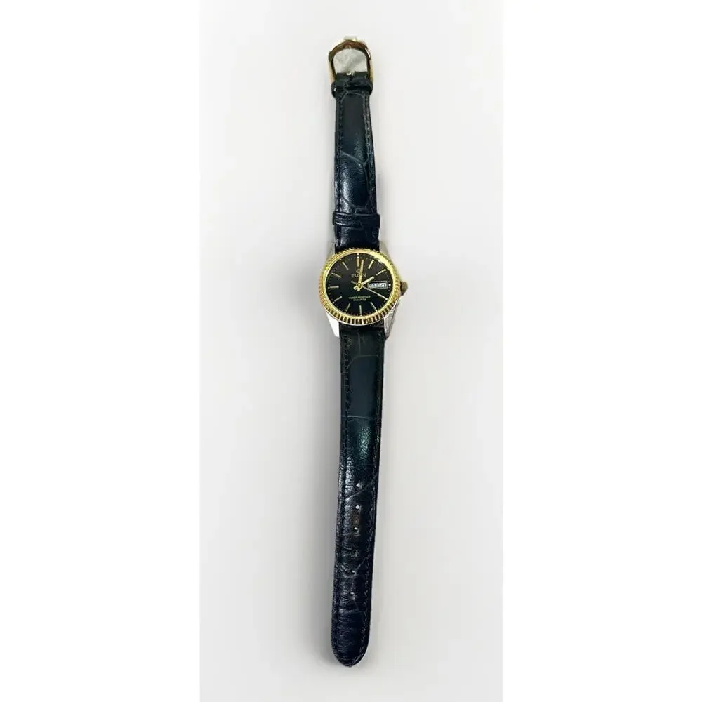 Elgin Quartz Watch Black Dial Day Date Gold Bezel Leather Strap ES173012 Works